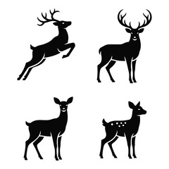 Set of four elegant deer silhouettes majestic stag jumping doe fawn in various poses for design projects silhouette