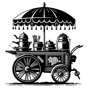 Black and White Vector Silhouette of Indian Street Food Cart
