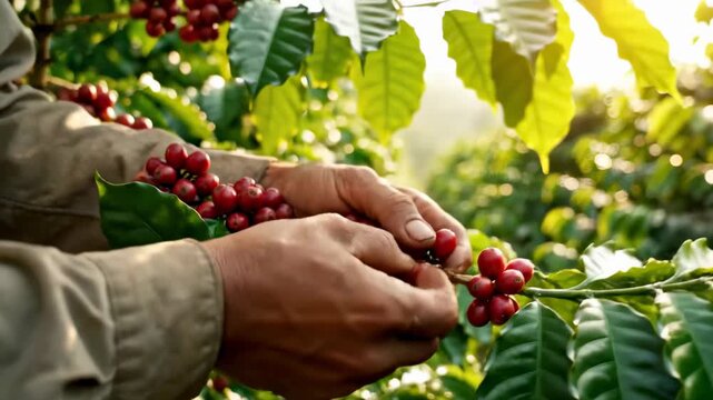 Hands carefully picking ripe coffee cherries from vibrant green plants. Bright and warm setting showcasing refreshing agricultural landscape. Concept of coffee production, farming, sustainability
