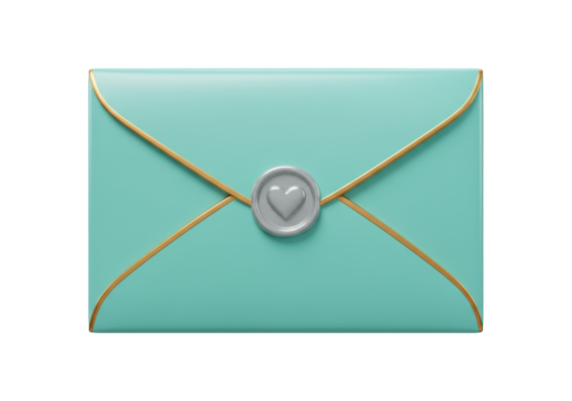 Isolated envelope with heart seal, love letter design element, mint colored card stock - Powered by Adobe