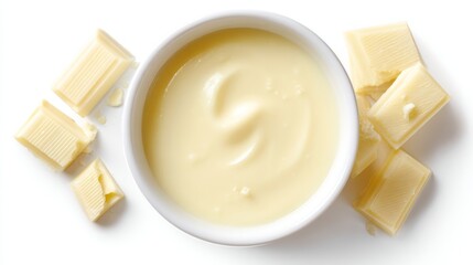 White chocolate sauce in a small bowl is surrounded by pieces of white chocolate. This image showcases a creamy texture and is perfect for dessert recipes. Ideal for food blogs. AI