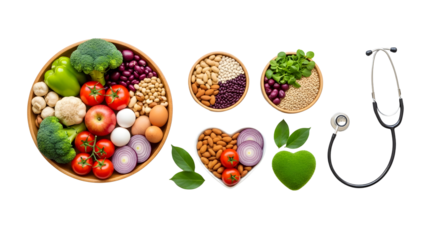 flat lay featuring a variety of heart-healthy ingredients including vegetables, nuts, beans, and eggs. A stethoscope and green heart shape symbolize nutrition wellness