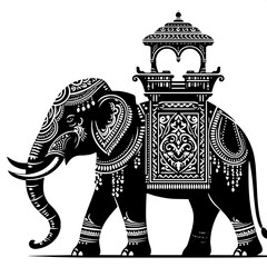 Black and White Vector Silhouette of Indian Elephant with Howdah