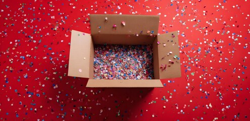 Open shipping box with colorful confetti bursting out, creative concept of online shopping celebration, surprise delivery, and joyful unboxing experience on a clean background