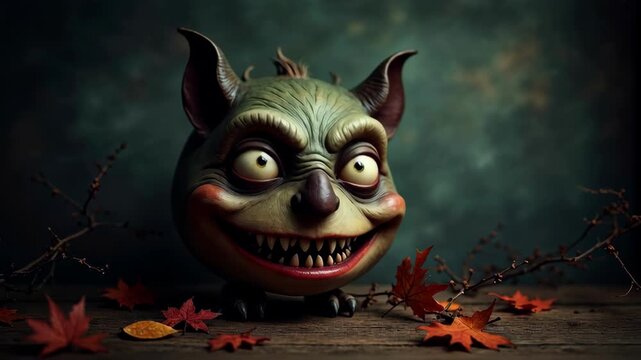 Creepy green monster goblin character with spooky wide smile for scary halloween celebration on dark background