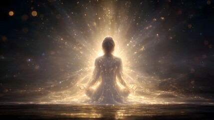 Back view of a woman meditating in an astral plane surrounded by cosmic light and energy, spiritual enlightenment concept, mindfulness and inner peace in a surreal universe scene