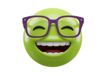Isolated light green smiley face emoticon with purple glasses expresses joyful happiness