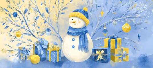Minimalist blue and yellow pastel snowman with scarf and gift boxes on soft background, cozy winter holiday composition, cute Christmas decoration concept in gentle tones and simple festive style