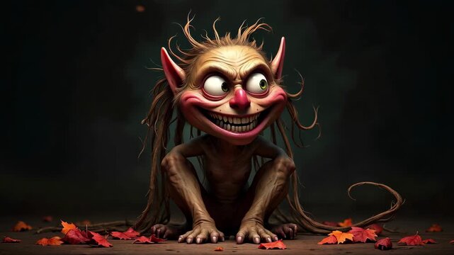 Scary goblin creature, mischievous monster with huge spooky grin for dark and creepy halloween celebration
