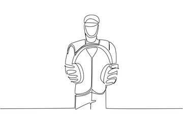 Single continuous line drawing construction worker wear vest and helmet, holds headphones with both hands. Noise cancelling device. National Save Your Hearing Day. One line design vector illustration