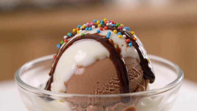 Ice Cream Sundae with Chocolate Sauce and Sprinkles - A close-up shot of a delicious ice cream sundae.