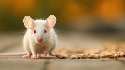 Fancy white mouse crouched near seeds on ground