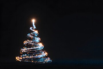 Abstract glowing Christmas tree made of golden lights on black background, minimalist holiday concept with luminous bokeh effect and elegant festive illumination for winter celebration