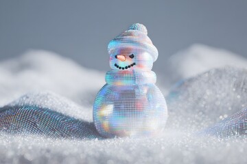 3D render of an aesthetic white holographic snowman with iridescent reflections and soft glow, minimalist winter holiday background with copy space for festive or creative design