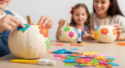 A family enjoys decorating pumpkins with colorful stickers and craft supplies. The scene is joyful and creative, perfect for autumn activities.