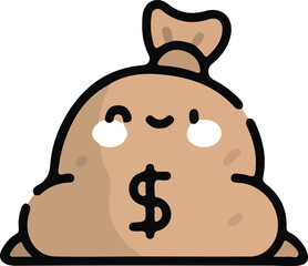 Adorable Kawaii Money Bag Illustration Featuring a Dollar Sign Emblazoned Design and Charming Facial Features Perfect for Various Financial Projects