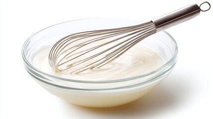 A glass bowl filled with creamy batter and a metal whisk resting on the side. This image captures the essence of cooking and baking. Perfect for culinary illustrations. AI