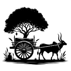 Fototapeta premium Black and White Vector Silhouette of Indian Bullock Cart