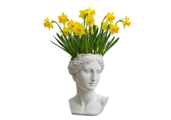 Isolated head sculpture with daffodils, floral design, creative plant pot for home decor