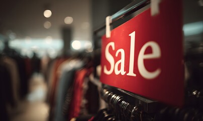 Close-up of a red tag with the word SALE written in bold white letters, retail discount concept, marketing promotion label, shopping and seasonal offer background for advertising and e-commerce