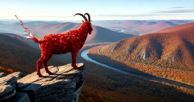 A vibrant goat made of autumn leaves stands on a cliff overlooking a river