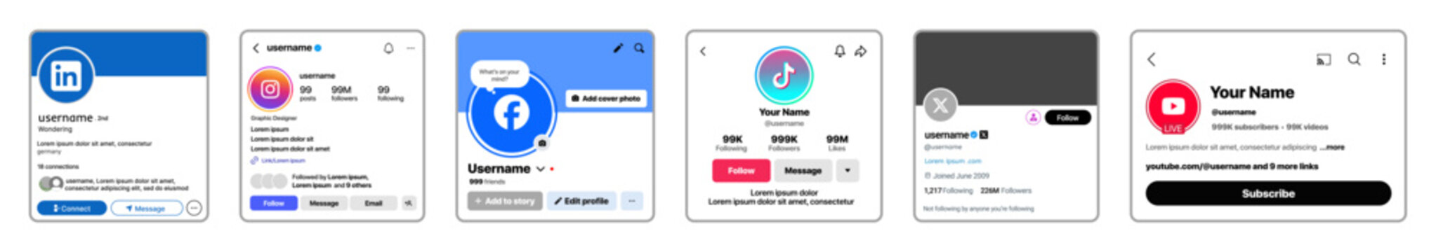Social media profile mockups of LinkedIn, Instagram, Facebook, TikTok, X (Twitter), and YouTube.
User interface design concepts of popular digital platforms showing account layouts.