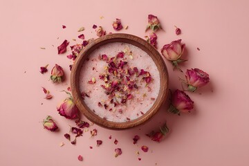 Pink rose body scrub on a pink background, natural skincare product made from roses, exfoliating and refreshing, beauty and self-care concept with copy space for text