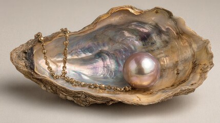 Naklejka premium A large pearl and a chain adorn the iridescent interior of an oyster shell on a neutral backdrop
