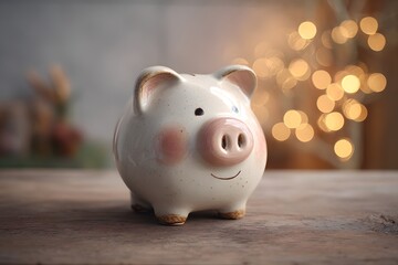 Shiny ceramic piggy bank representing savings and financial planning, personal finance concept, money management, wealth building, and achieving financial goals on a clean background