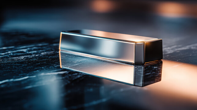 Majestic gleaming silver rectangular bar ingot, reflective precious metal block. Symbol of value, wealth, investment on dark surface