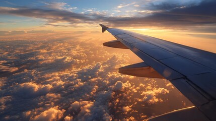 Aerial view from airplane window featuring wing above golden clouds during a beautiful sunset flight