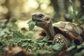 Close-up of small tortoise on forest floor with moss and leaves. Wild reptile in natural habitat showing detailed shell pattern and textured environment with copy space for wildlife concept.