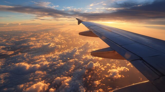 Aerial view from airplane window featuring wing above golden clouds during a beautiful sunset flight