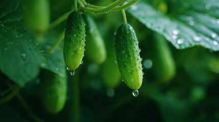 Fresh cucumbers hanging on a vine. The vibrant green color contrasts with the dewdrops glistening in the sunlight. Ideal for culinary use or gardening projects. AI