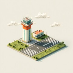 Low poly isometric 3D render of an airport control tower, runway, and terminal building in a minimalist design.