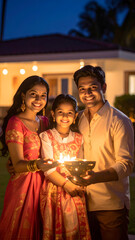 Obraz premium Indian Family Celebrating Diwali Festival with Diyas.
