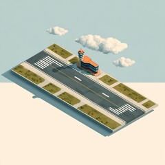 Isometric airport with runway, air traffic control tower, and terminal building