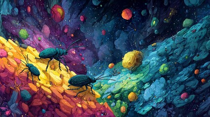 Three Teal Beetles Navigate a Vibrant Abstract Fantasy Landscape with Glowing Organic Forms and Starry Speckles, Digital Illustration.