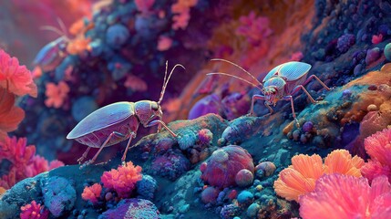 Futuristic Metallic Beetles Exploring a Vibrant Alien Ecosystem with Psychedelic Coral Structures