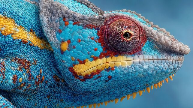 Colorful chameleon displaying vibrant blue and yellow patterns, close-up of unique textured skin, ideal for nature themes.