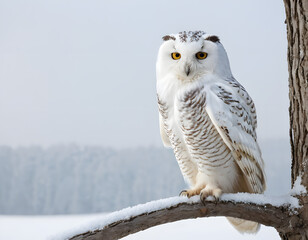 White winter owl perched on a tree branch in a winter snow landscape, beautiful wildlife winter wonderland with copy space snow bird, snowy owl on branch