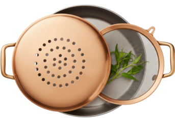 Isolated kitchenware with colander and fresh basil leaves, cooking ingredients on tabletop