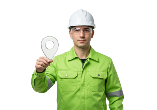 Isolated worker holds location symbol; construction worker in protective gear on a site