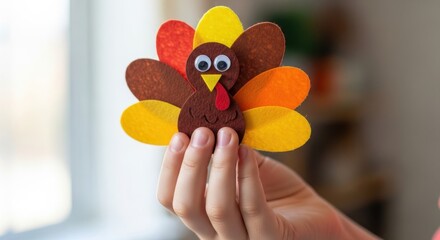 Close up paper, felt craft Turkey handmade for Thanksgiving. The child plays with a toy.
