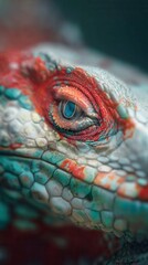 Colorful reptile close-up, vibrant green and red scales, captivating eye detail, nature theme, perfect for wildlife exploration.