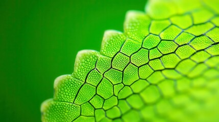 Close-up of vibrant green leaf texture, intricate veins and patterns, suitable for nature-themed backgrounds or designs.