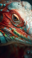 Colorful reptile close-up, vibrant green and red hues, showcasing detailed scales and unique facial features, perfect for nature themes.