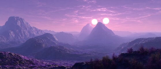 Breathtaking fantasy alien landscape featuring towering purple mountains, exotic flora, and two glowing suns in a vibrant pink and purple sky.