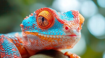 Colorful chameleon perched on branch, vibrant blues and oranges, illustrating wildlife diversity and adaptability, space for caption.