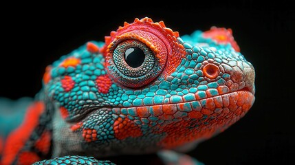 Colorful close-up of a vibrant green and blue lizard with red accents, showcasing intricate textures, ideal for nature-themed content.